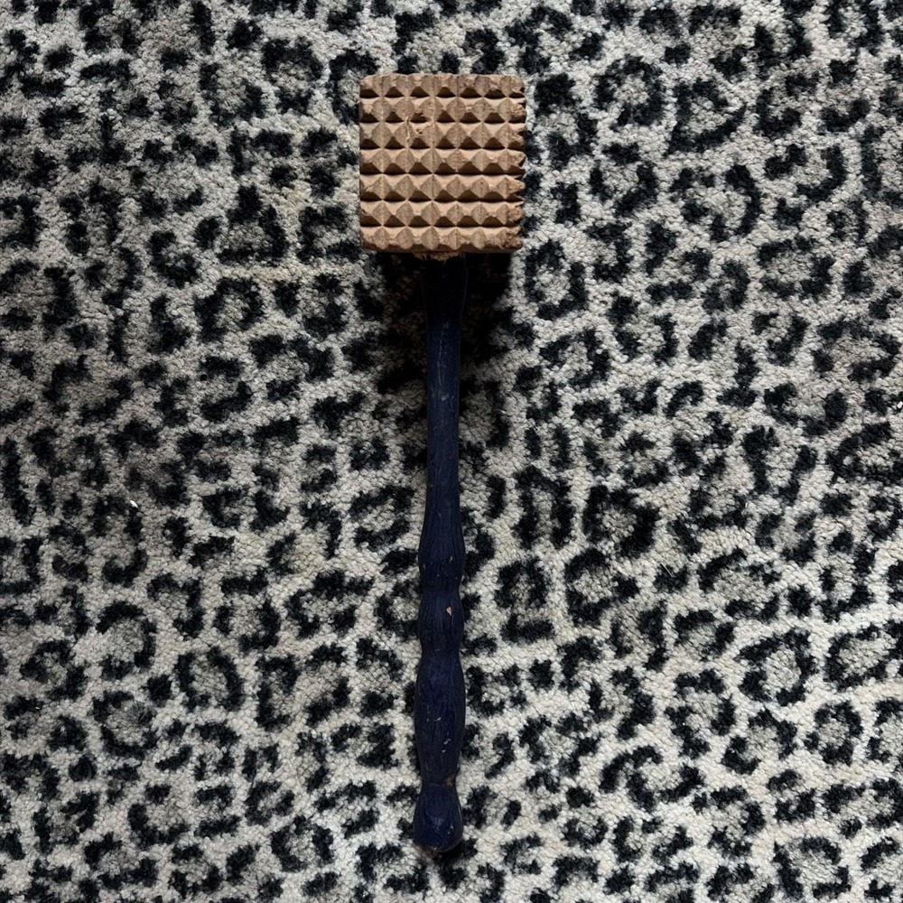 VTG Primitive Wood Meat Tenderizer Mallet - 12" Long- Blue Handle- Cottage Farm